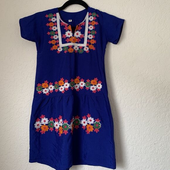 Vintage Other - Vintage Handmade Floral Embroidered Dress Girls 6 Blue Fiesta Colorful Party